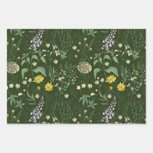 Beautiful Mixed Pastel Wildflowers Green Wrapping Paper Sheets