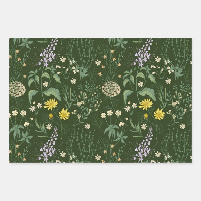 Beautiful Mixed Pastel Wildflowers Green Wrapping Paper Sheets (Front)