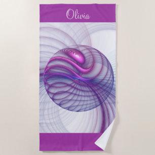 Beautiful Modern Abstract Fractal Art Pink Name Beach Towel