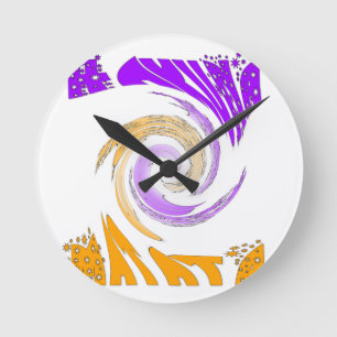 Beautiful Modern Art Design: Purple and Gold Whirl Round Clock
