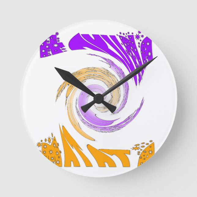 Beautiful Modern Art Design: Purple and Gold Whirl Round Clock (Front)