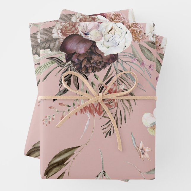 Beautiful Modern Blush Floral Pattern Gift Wrapping Paper Sheets (In situ)