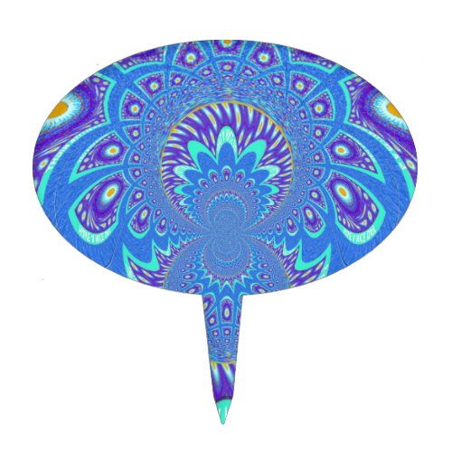 Beautiful Modern Cyan Blue batik Kaleidoscope Art Cake Topper