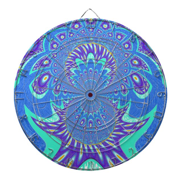 Beautiful Modern Cyan Blue batik Kaleidoscope Art Dart Board (Front)