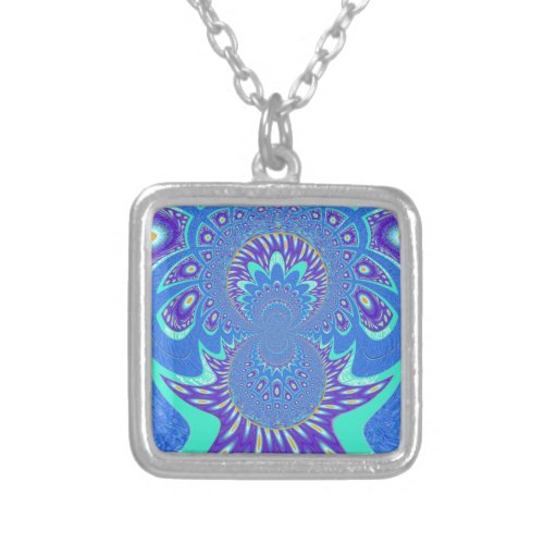 Beautiful Modern Cyan Blue batik Kaleidoscope Art Silver Plated Necklace