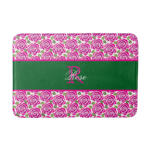 Beautiful Modern Hot Pink Magenta Roses Monogram  Bath Mat