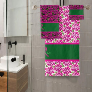 Beautiful Modern Hot Pink Magenta Roses Monogram Bath Towel Set