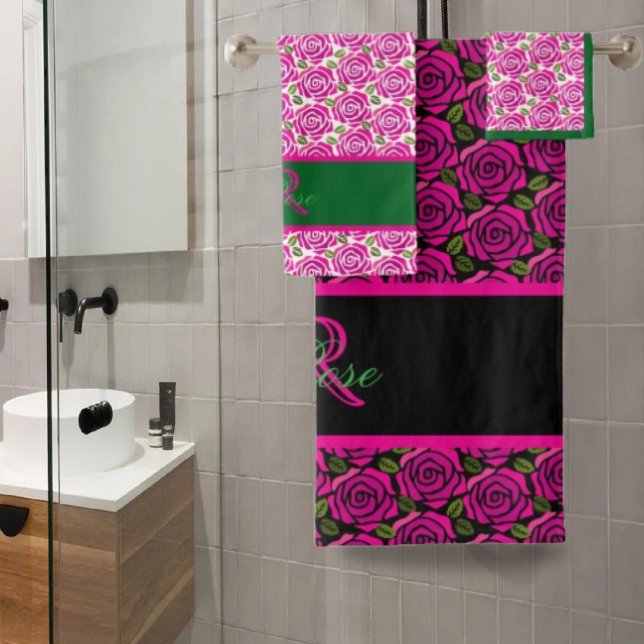 Beautiful Modern Hot Pink Magenta Roses Monogram  Bath Towel Set (Creator Uploaded)