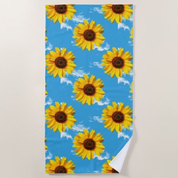 Beautiful Modern Sunflowers Pattern Sky Background Beach Towel by ReligiousStore at Zazzle