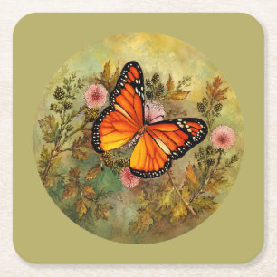 Beautiful Monarch Butterfly on a Purple Flower Square Paper Coaster