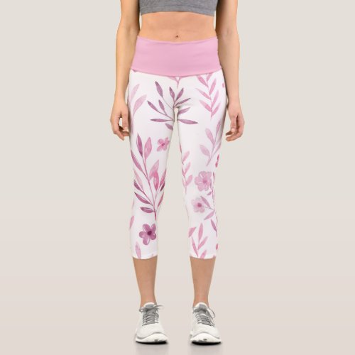 Beautiful Monochromatic Watercolor Pink Flowers Capri Leggings