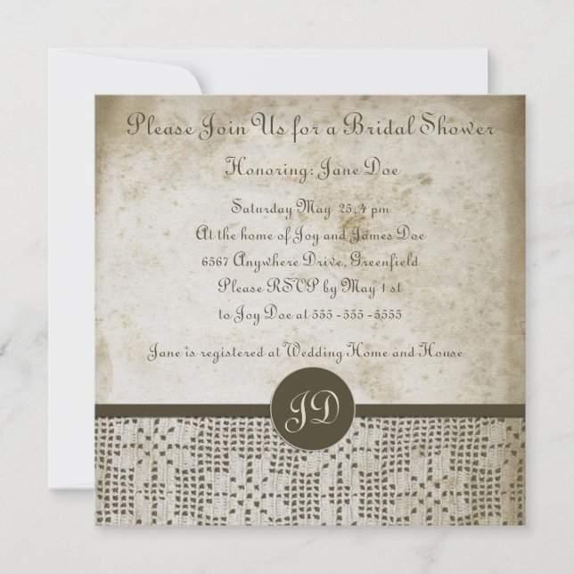 Beautiful Monogram Antique Paper Crochet Lace Invitation (Front)