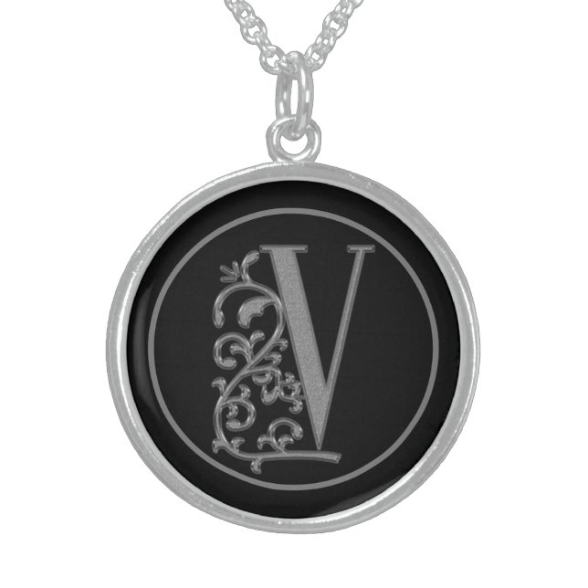 Beautiful Monogram Letter V Mother's Day, Birthday Sterling Silver Necklace (Front)
