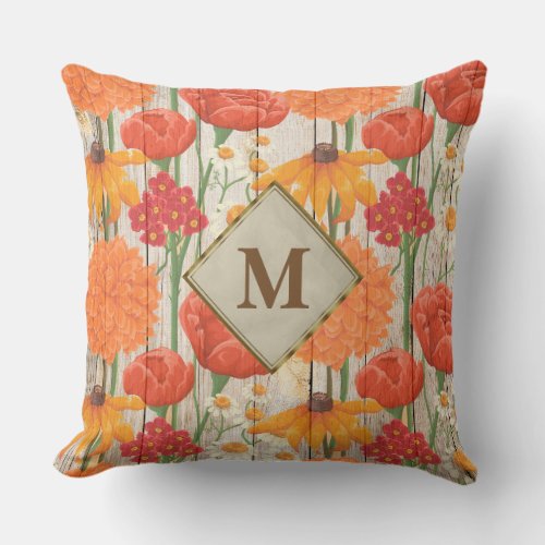 Beautiful Monogram Orange Floral on White Wood Throw Pillow
