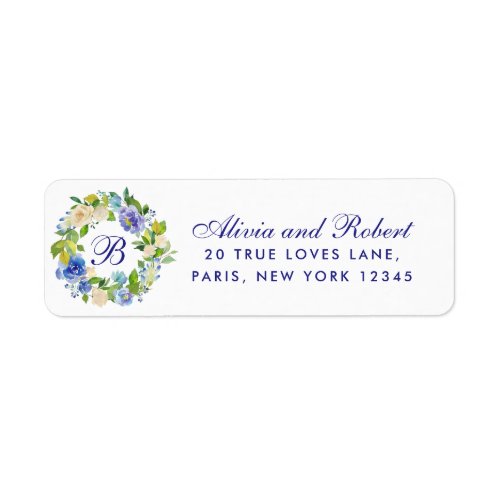 Beautiful Monogram Stylish Blue Floral Watercolor Label