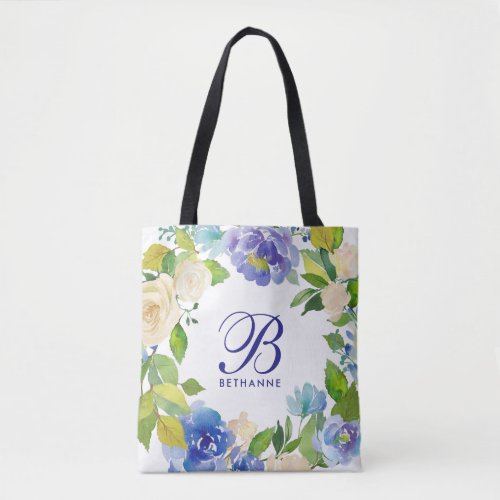 Beautiful Monogram Stylish Blue Floral Watercolor Tote Bag