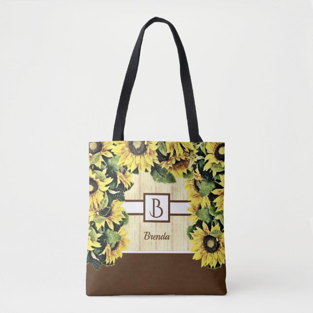 Beautiful Monogram Sunflower Tote Bag (Front)