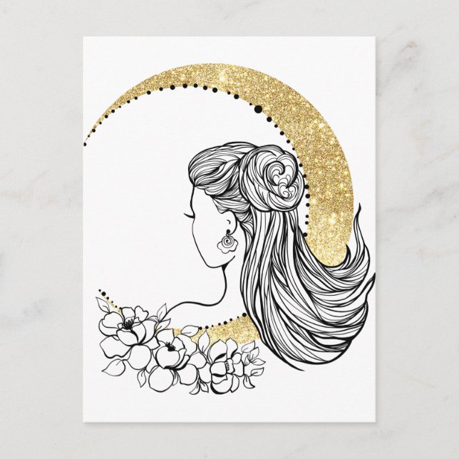 Beautiful moon flowers woman glitter illustration postcard (Front)