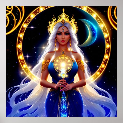 Beautiful Moon Goddess with flowing White Hair  Poster