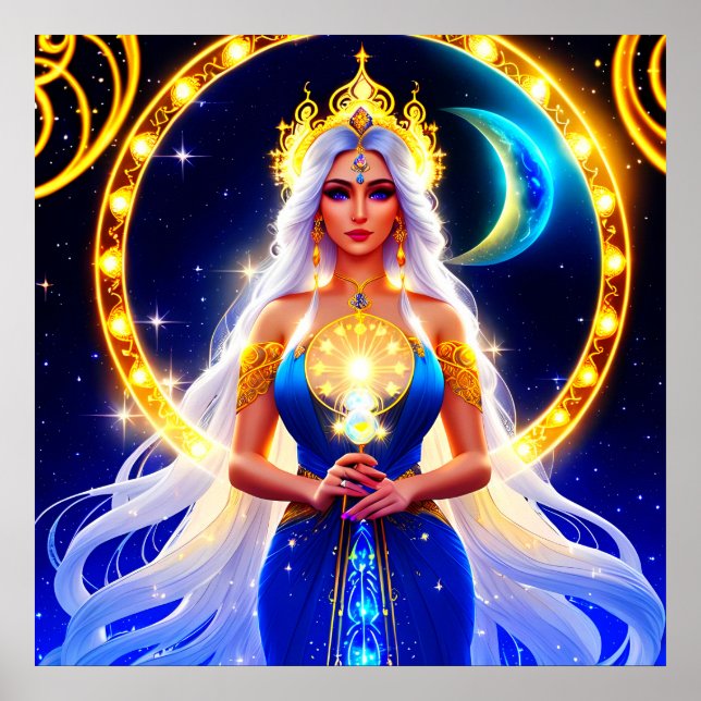 Beautiful Moon Goddess with flowing white hair  Poster (Front)
