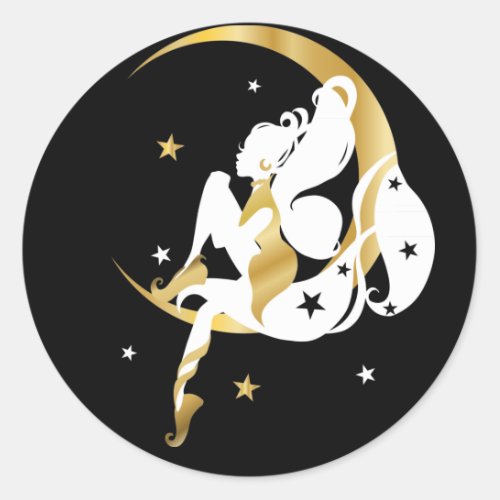 Beautiful moon stars fairy illustration   classic round sticker
