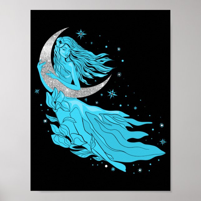 Beautiful moon stars woman art deco illustration p poster (Front)