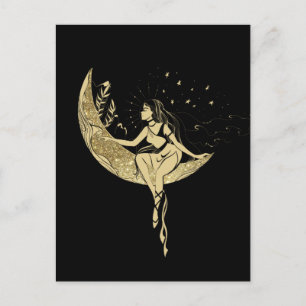Beautiful moon stars woman art deco illustration postcard