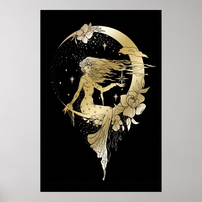 Beautiful moon stars woman art deco illustration poster (Front)