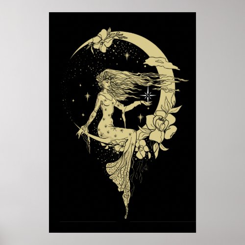 Beautiful moon stars woman art deco illustration poster