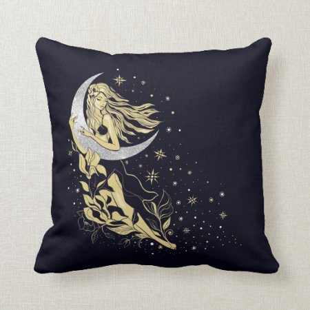 Beautiful Moon Stars Woman Art Deco Illustration Throw Pillow