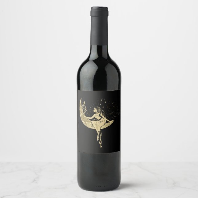 Beautiful moon stars woman art deco illustration wine label (Front)