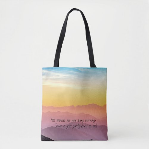 Beautiful morning scene with scripture tote bag