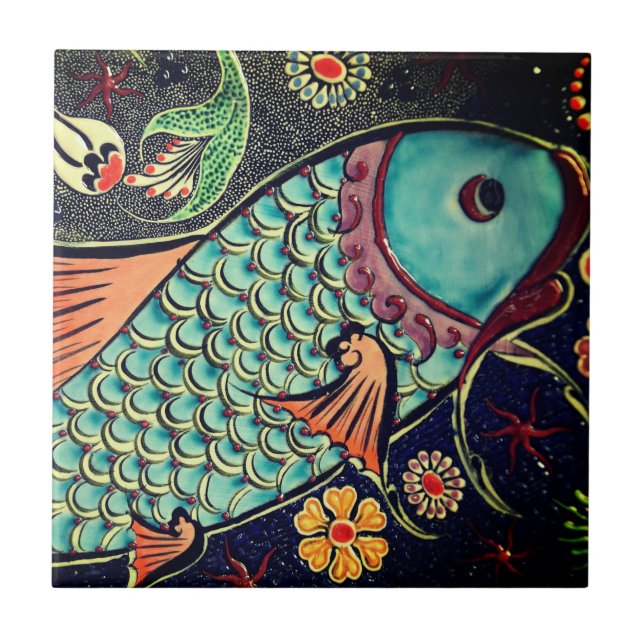 Beautiful mosaic and colorful fish ceramic tile (Front)