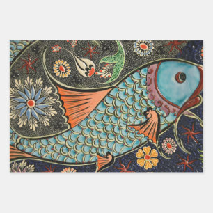 Beautiful mosaic and colorful fish wrapping paper sheets
