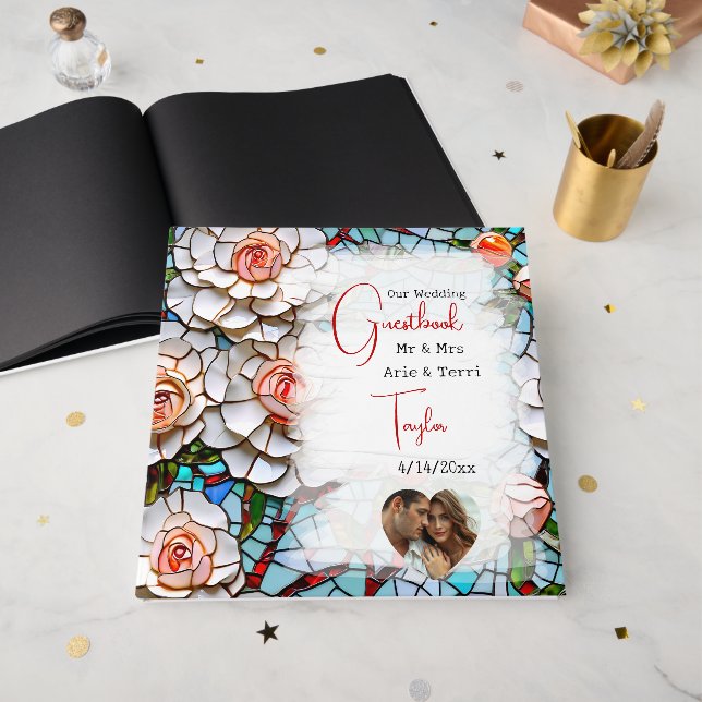 Beautiful Mosaic Stained Glass and Tile Wedding Guest Book (Front Open)
