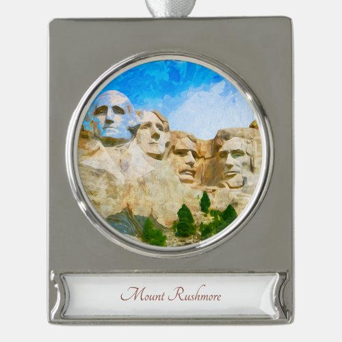 Beautiful Mount Rushmore Watercolor Painting Silver Plated Banner Ornament