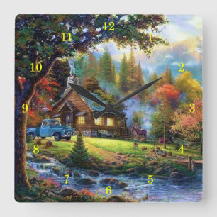 Beautiful Mountain Cottage Square Wall Clock
