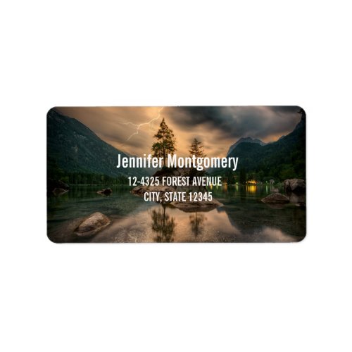 Beautiful Mountain Lake in the Evening Photo Label