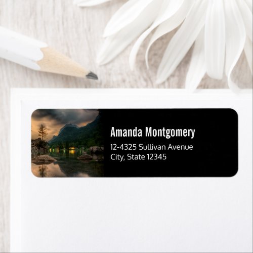 Beautiful Mountain Lake in the Evening Photo Label