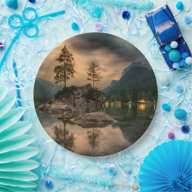 Beautiful Mountain Lake in the Evening Photo Paper Plates (Party)