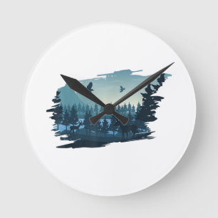 Beautiful Mountain, Nature Trees and Forest Round Clock