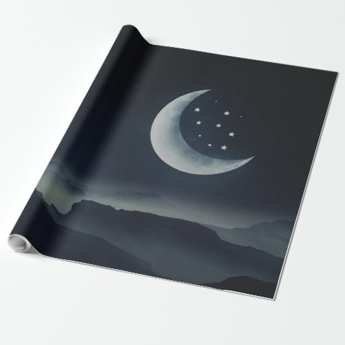 Beautiful Mountain Range Moon Stars Night Time Wrapping Paper