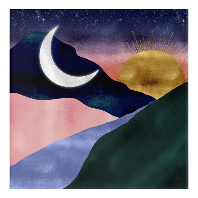 Beautiful Mountain River Moon Sunset Design Acrylic Print (Front)