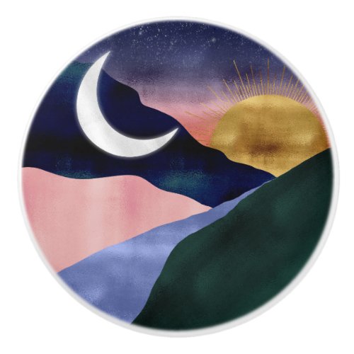 Beautiful Mountain River Moon Sunset Design Ceramic Knob