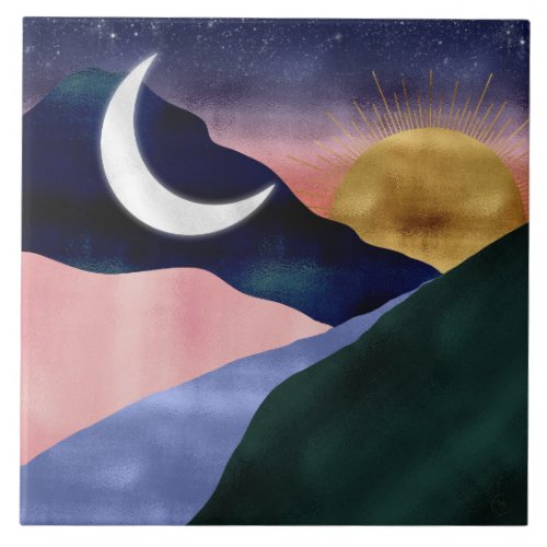 Beautiful Mountain River Moon Sunset Design Ceramic Tile