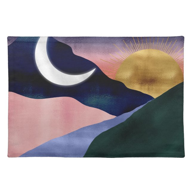 Beautiful Mountain River Moon Sunset Design Cloth Placemat (Front)