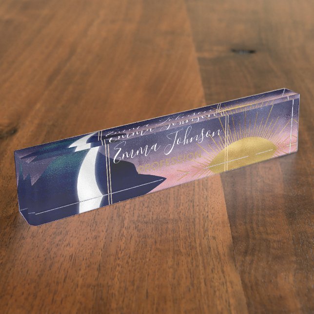 Beautiful Mountain River Moon Sunset Design Desk Name Plate (Side)