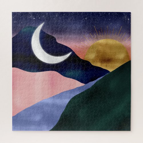 Beautiful Mountain River Moon Sunset Design Jigsaw Puzzle