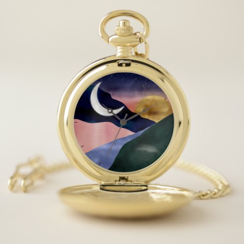 Beautiful Mountain River Moon Sunset Design Pocket Watch