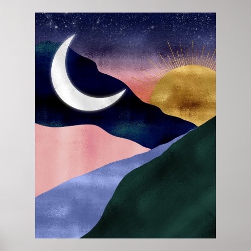 Beautiful Mountain River Moon Sunset Design Poster